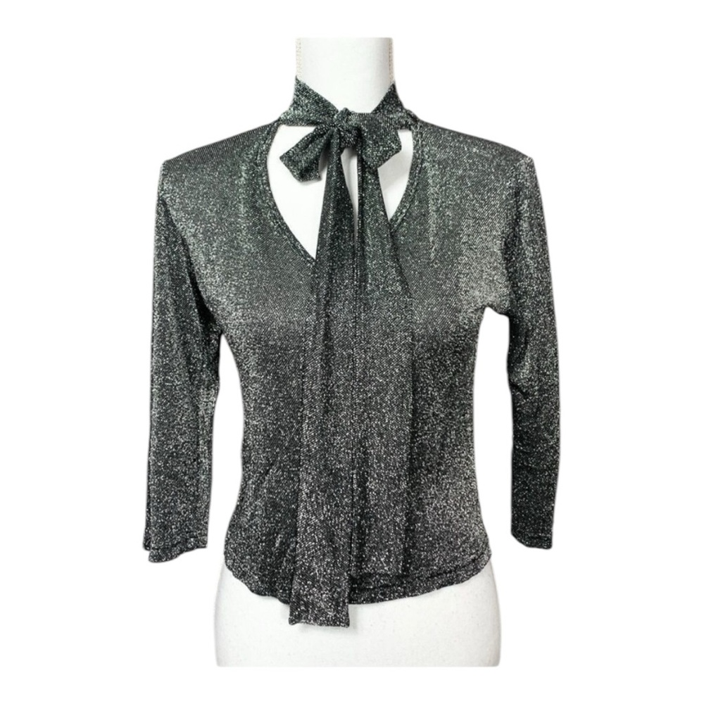 Heavenly VINTAGE Black & Silver Metallic Neck Tie 3/4 Sleeve Stretchy Top Small